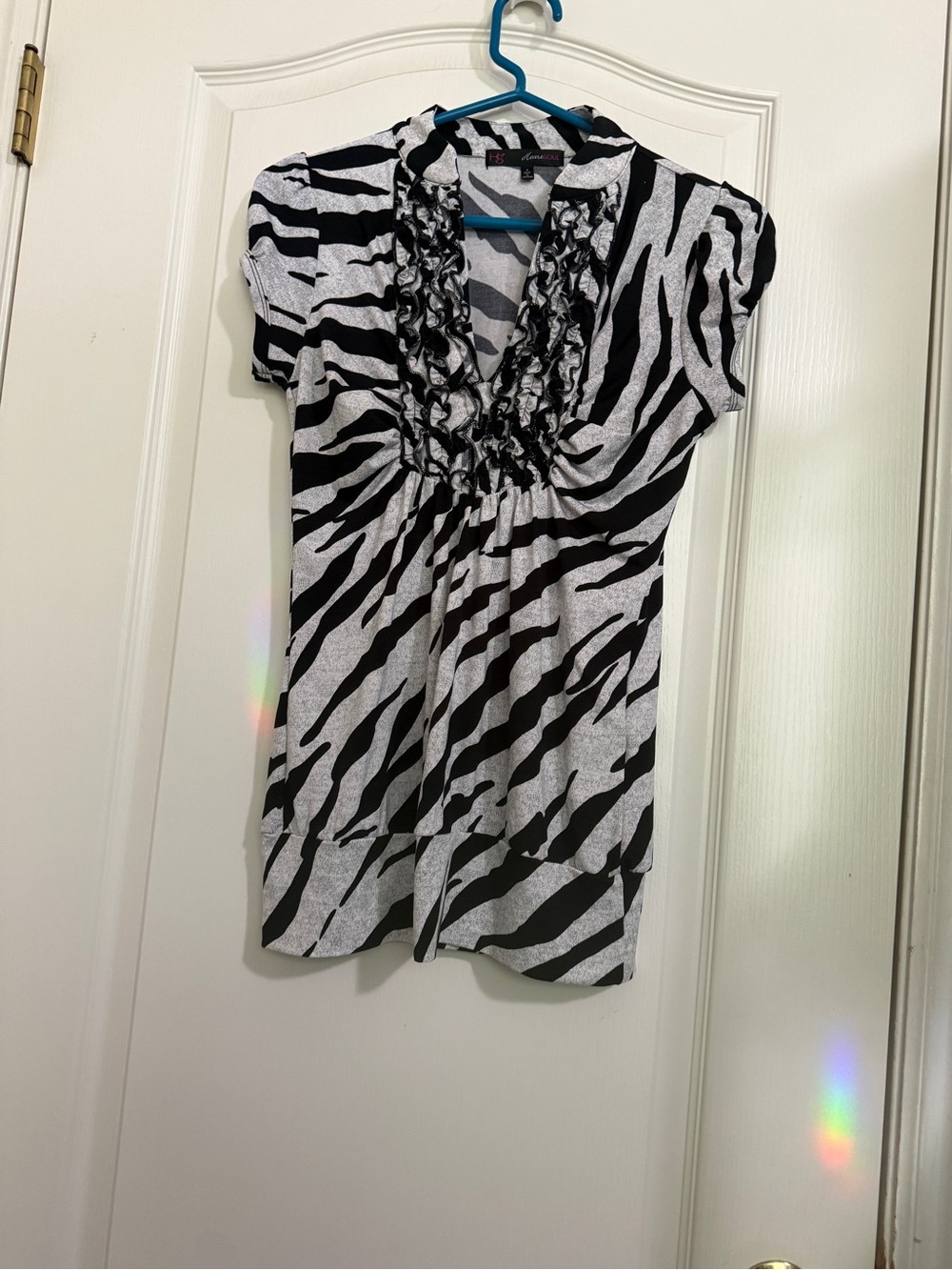 HeartSoul Black & White Zebra Ruffle V-Neck Blouse